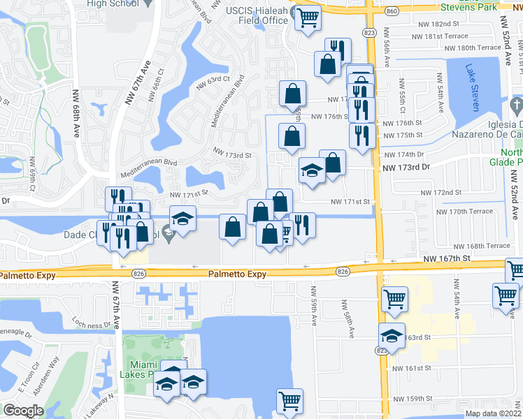 map of restaurants, bars, coffee shops, grocery stores, and more near 17084 Northwest 60th Court in Hialeah