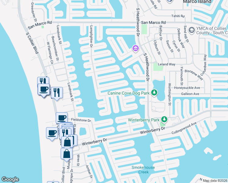 map of restaurants, bars, coffee shops, grocery stores, and more near 1167 Breakwater Court in Marco Island