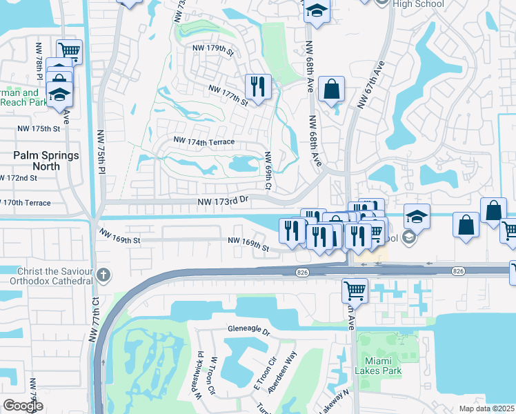 map of restaurants, bars, coffee shops, grocery stores, and more near 7070 Northwest 173rd Drive in Hialeah