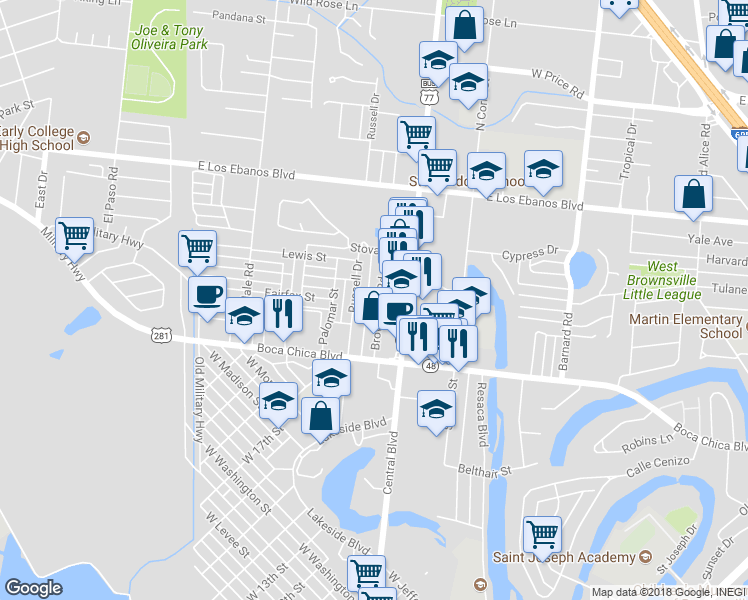 map of restaurants, bars, coffee shops, grocery stores, and more near 1535 Brownfield Road in Brownsville