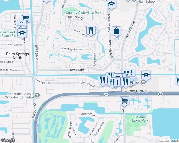 map of restaurants, bars, coffee shops, grocery stores, and more near 7045 Northwest 173rd Drive in Hialeah