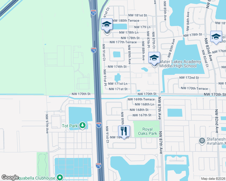 map of restaurants, bars, coffee shops, grocery stores, and more near 9122 Northwest 171st Lane in Hialeah