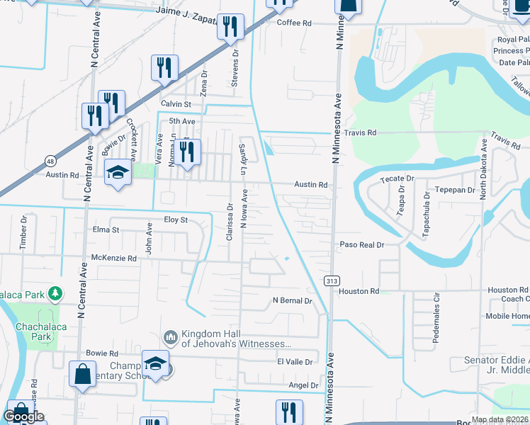 map of restaurants, bars, coffee shops, grocery stores, and more near 925 North Iowa Avenue in Brownsville
