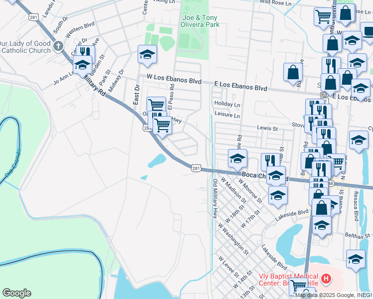 map of restaurants, bars, coffee shops, grocery stores, and more near 35 Calle Monarca in Brownsville