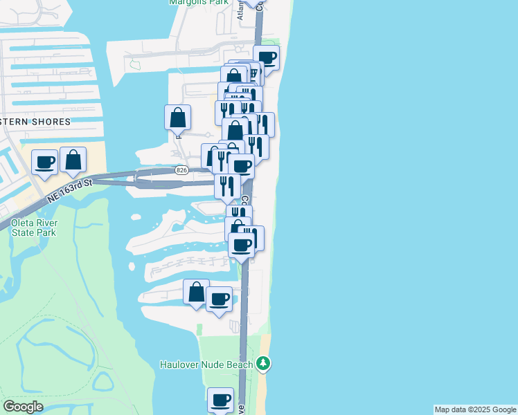 map of restaurants, bars, coffee shops, grocery stores, and more near 16485 Collins Avenue in Sunny Isles Beach