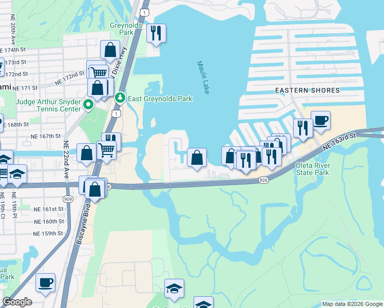 map of restaurants, bars, coffee shops, grocery stores, and more near 2761 Northeast 165th Terrace in North Miami Beach