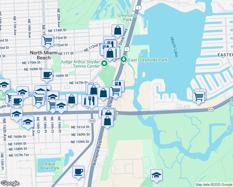 map of restaurants, bars, coffee shops, grocery stores, and more near 16395 Biscayne Boulevard in North Miami Beach