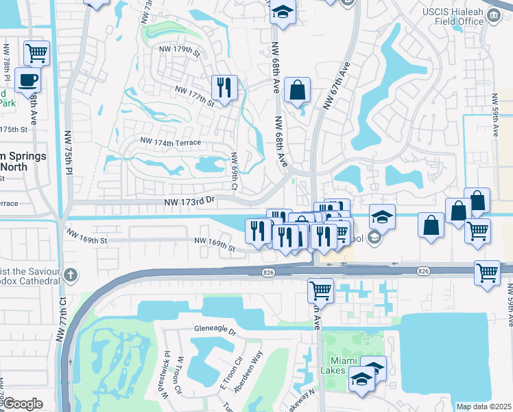 map of restaurants, bars, coffee shops, grocery stores, and more near 6841 Northwest 173rd Drive in Hialeah