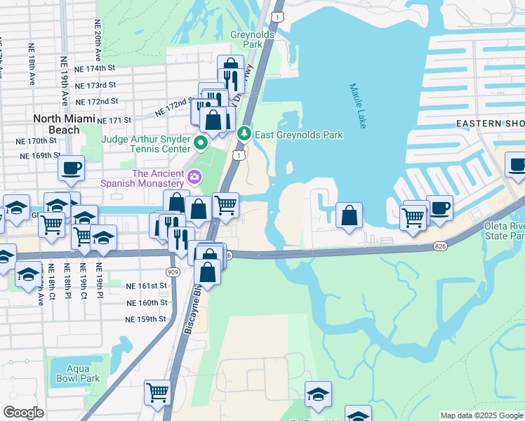 map of restaurants, bars, coffee shops, grocery stores, and more near 16385 Biscayne Boulevard in North Miami Beach