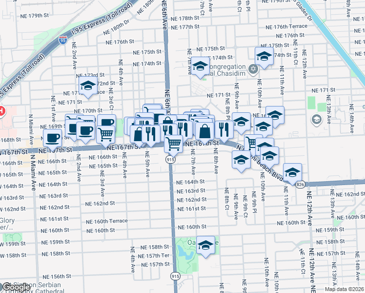 map of restaurants, bars, coffee shops, grocery stores, and more near 651 Florida 826 in North Miami Beach