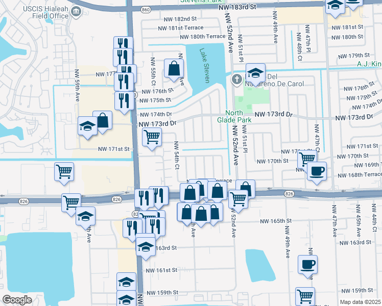 map of restaurants, bars, coffee shops, grocery stores, and more near 5380 Northwest 172nd Street in Miami Gardens