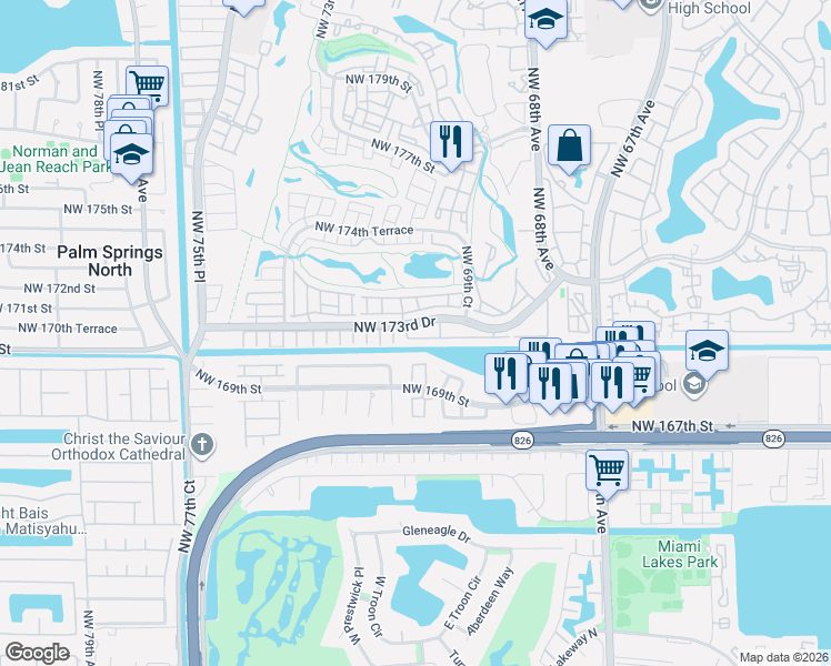 map of restaurants, bars, coffee shops, grocery stores, and more near 7045 Northwest 173rd Drive in Hialeah