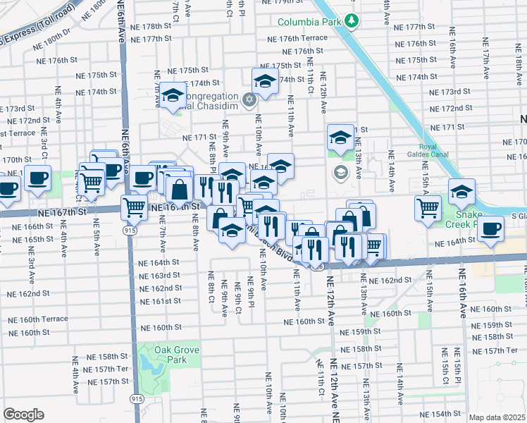 map of restaurants, bars, coffee shops, grocery stores, and more near 1001 Northeast 166th Street in North Miami Beach
