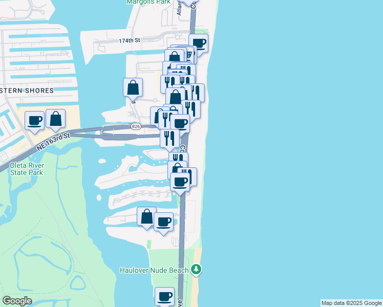 map of restaurants, bars, coffee shops, grocery stores, and more near 16485 Collins Avenue in Sunny Isles Beach