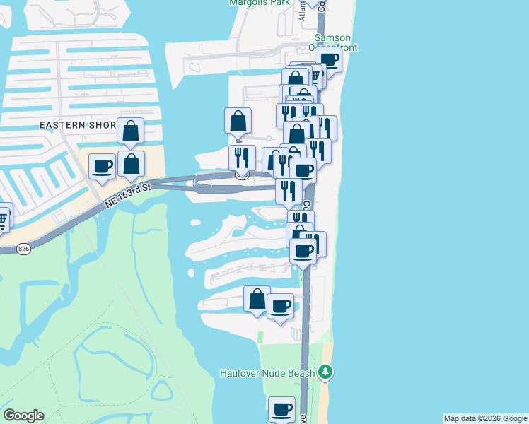 map of restaurants, bars, coffee shops, grocery stores, and more near 16500 Collins Avenue in Sunny Isles Beach