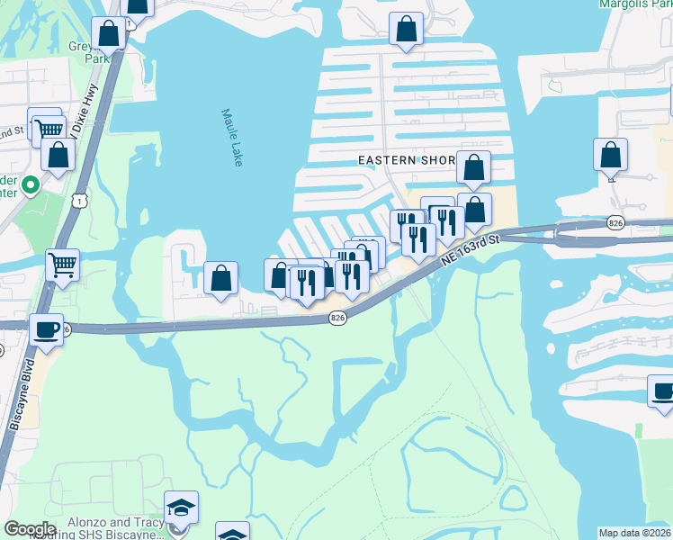 map of restaurants, bars, coffee shops, grocery stores, and more near 16416 Northeast 32nd Avenue in North Miami Beach