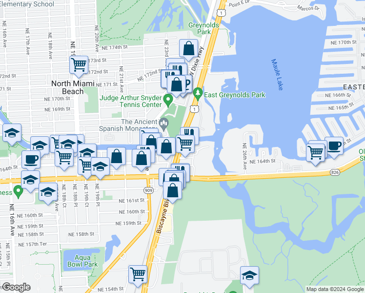 map of restaurants, bars, coffee shops, grocery stores, and more near 16395 Biscayne Boulevard in North Miami Beach