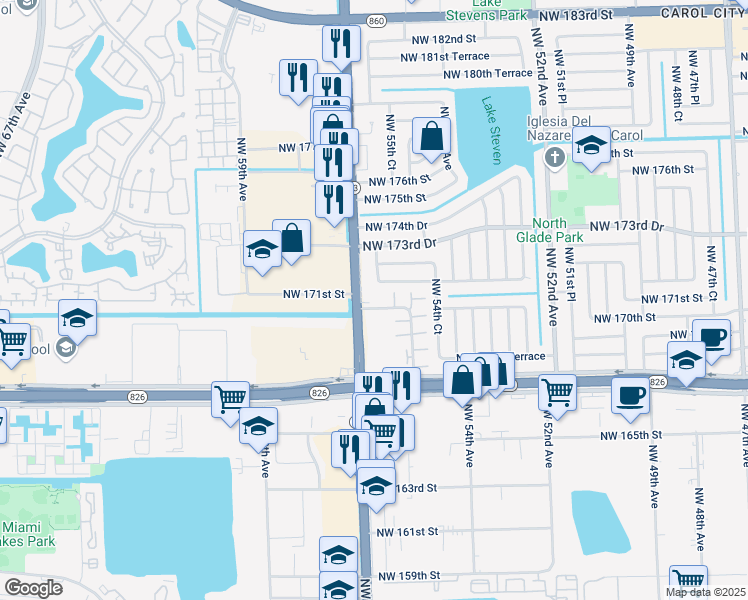 map of restaurants, bars, coffee shops, grocery stores, and more near 5520 Northwest 172nd Street in Miami Gardens