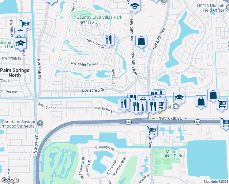 map of restaurants, bars, coffee shops, grocery stores, and more near 6937 Northwest 173rd Drive in Hialeah