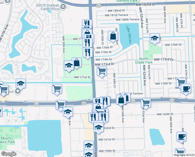map of restaurants, bars, coffee shops, grocery stores, and more near 5520 Northwest 172nd Street in Miami Gardens