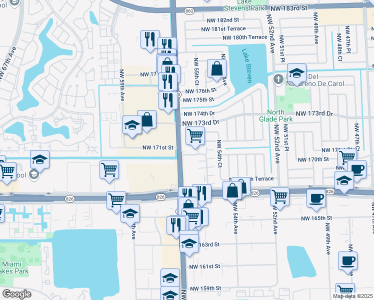 map of restaurants, bars, coffee shops, grocery stores, and more near 5520 Northwest 172nd Street in Miami Gardens