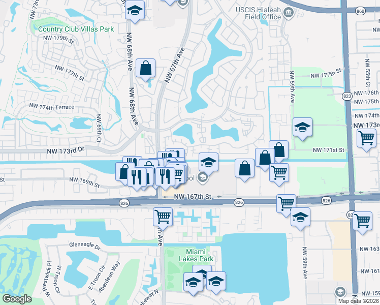 map of restaurants, bars, coffee shops, grocery stores, and more near 6425 Northwest 171st Street in Hialeah