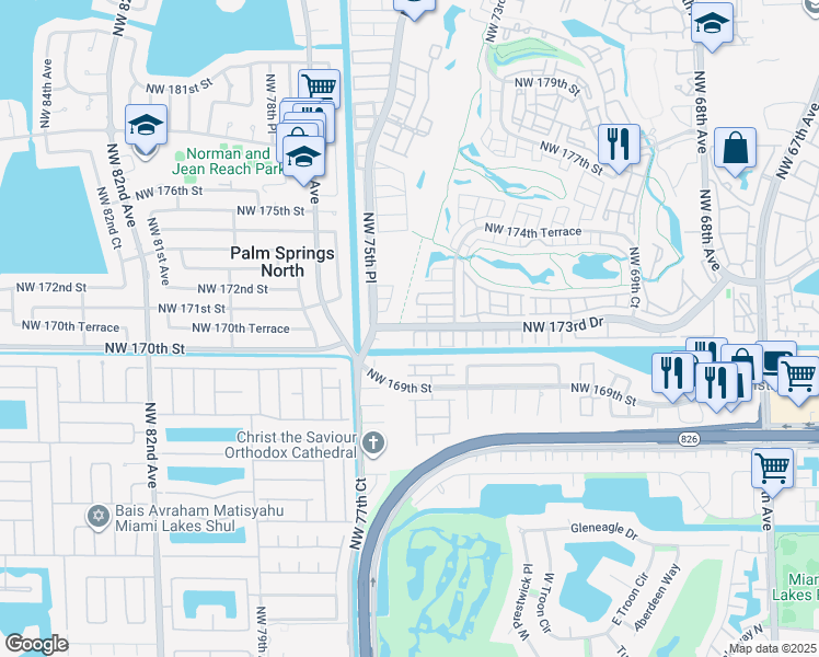map of restaurants, bars, coffee shops, grocery stores, and more near 7611 Northwest 173rd Drive in Hialeah