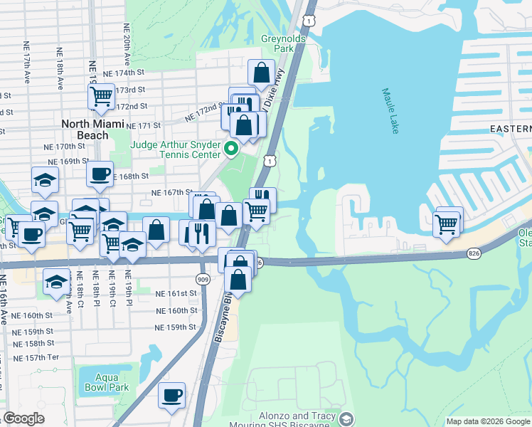 map of restaurants, bars, coffee shops, grocery stores, and more near 16395 Biscayne Boulevard in North Miami Beach