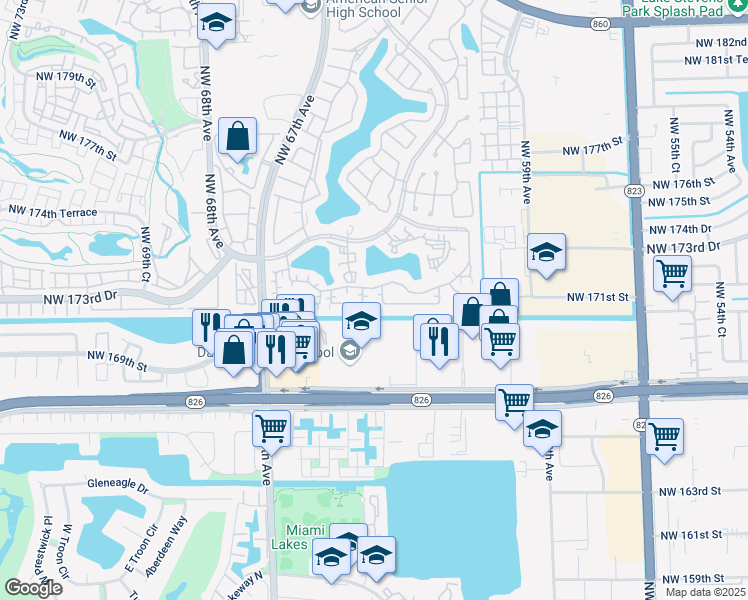 map of restaurants, bars, coffee shops, grocery stores, and more near 6323 Northwest 170th Lane in Hialeah