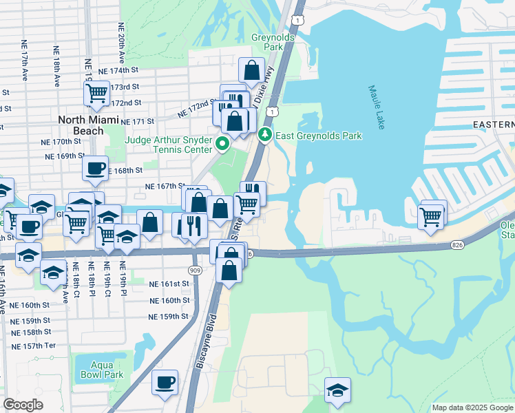 map of restaurants, bars, coffee shops, grocery stores, and more near 16395 Biscayne Boulevard in North Miami Beach