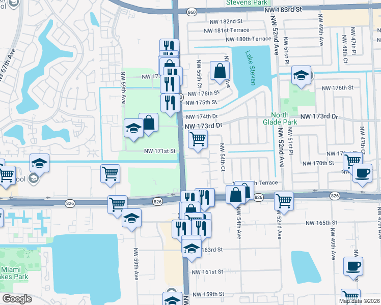 map of restaurants, bars, coffee shops, grocery stores, and more near 5520 Northwest 172nd Street in Miami Gardens