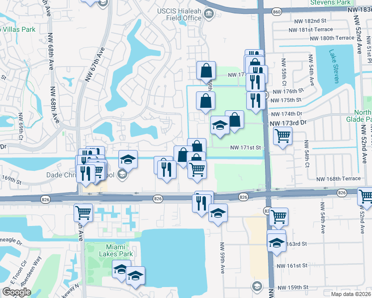 map of restaurants, bars, coffee shops, grocery stores, and more near 17084 Northwest 60th Court in Hialeah