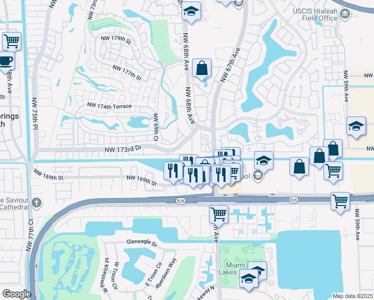 map of restaurants, bars, coffee shops, grocery stores, and more near 6878 Northwest 173rd Drive in Hialeah