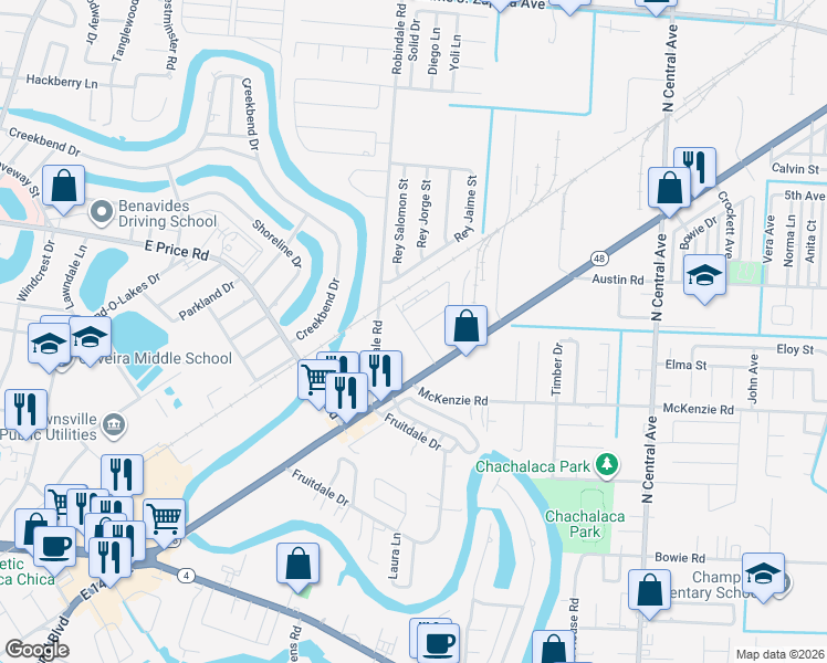 map of restaurants, bars, coffee shops, grocery stores, and more near 5400 East 12th Street in Brownsville