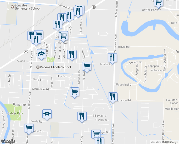 map of restaurants, bars, coffee shops, grocery stores, and more near 925 North Iowa Avenue in Brownsville