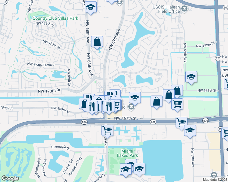map of restaurants, bars, coffee shops, grocery stores, and more near 17037 Northwest 66th Court in Hialeah