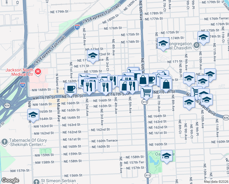 map of restaurants, bars, coffee shops, grocery stores, and more near in North Miami Beach