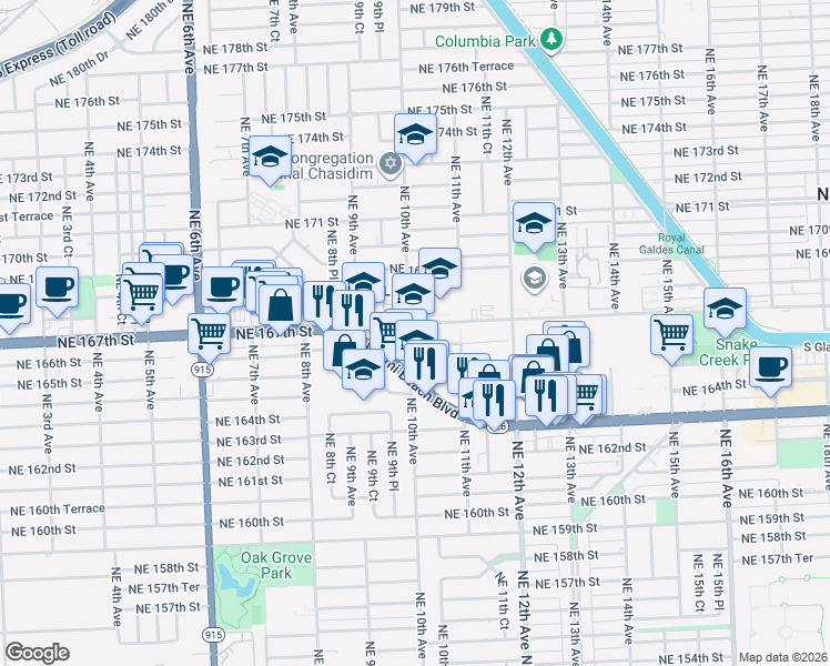 map of restaurants, bars, coffee shops, grocery stores, and more near 16695 Northeast 10th Avenue in North Miami Beach