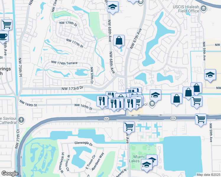 map of restaurants, bars, coffee shops, grocery stores, and more near 6878 Northwest 173rd Drive in Hialeah