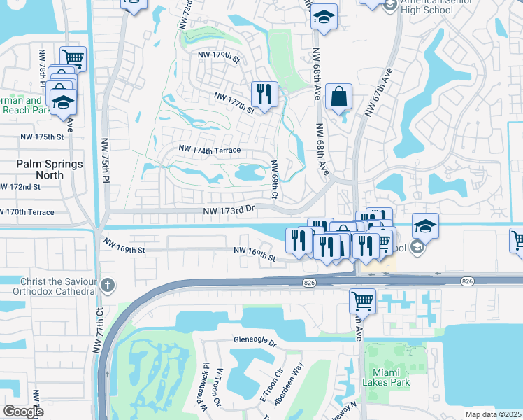 map of restaurants, bars, coffee shops, grocery stores, and more near 7045 Northwest 173rd Drive in Hialeah