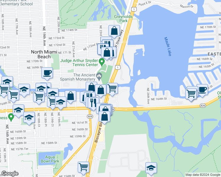map of restaurants, bars, coffee shops, grocery stores, and more near 16395 Biscayne Boulevard in North Miami Beach
