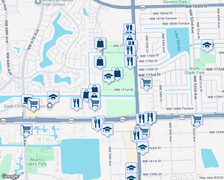 map of restaurants, bars, coffee shops, grocery stores, and more near 5855 Northwest 171st Street in Hialeah