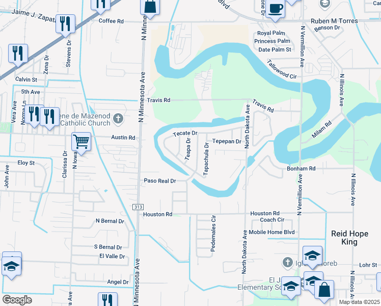 map of restaurants, bars, coffee shops, grocery stores, and more near 5724 Tecuan Drive in Brownsville