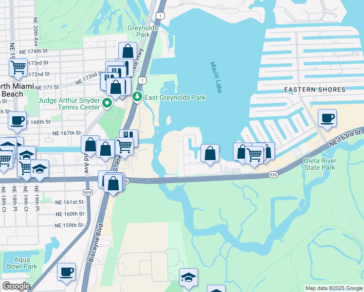 map of restaurants, bars, coffee shops, grocery stores, and more near 16518 Northeast 26th Avenue in North Miami Beach