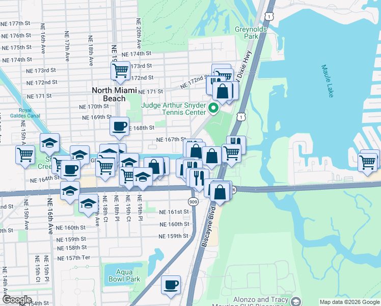 map of restaurants, bars, coffee shops, grocery stores, and more near 148 South Dixie Highway in Miami