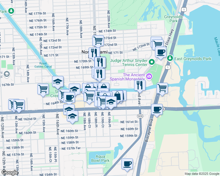 map of restaurants, bars, coffee shops, grocery stores, and more near 16651 Northeast 20th Avenue in North Miami Beach