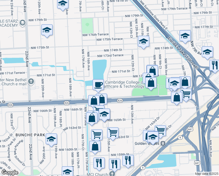 map of restaurants, bars, coffee shops, grocery stores, and more near 16841 Northwest 14th Avenue in Miami