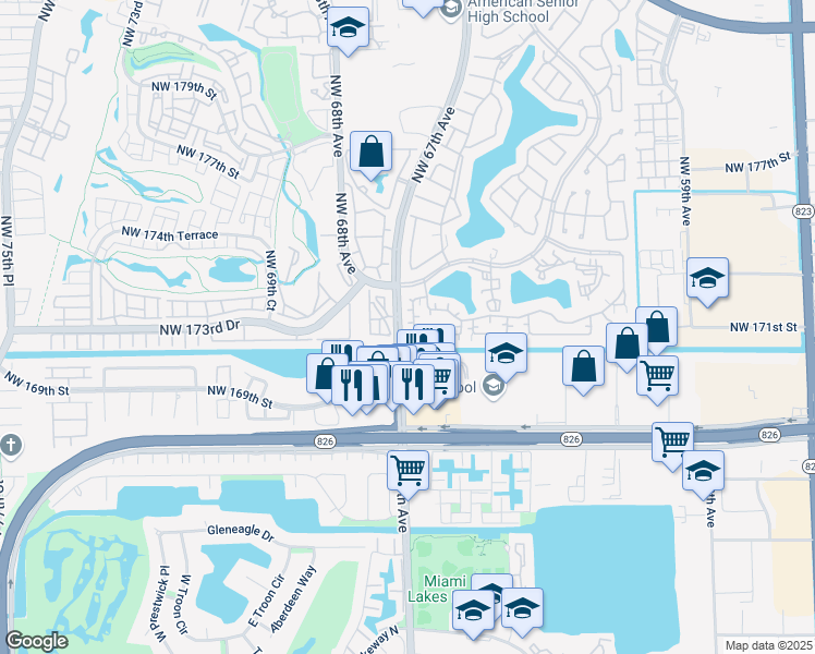 map of restaurants, bars, coffee shops, grocery stores, and more near 17037 Northwest 66th Court in Hialeah