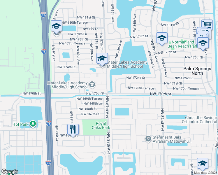 map of restaurants, bars, coffee shops, grocery stores, and more near 17115 Northwest 87th Avenue in Hialeah