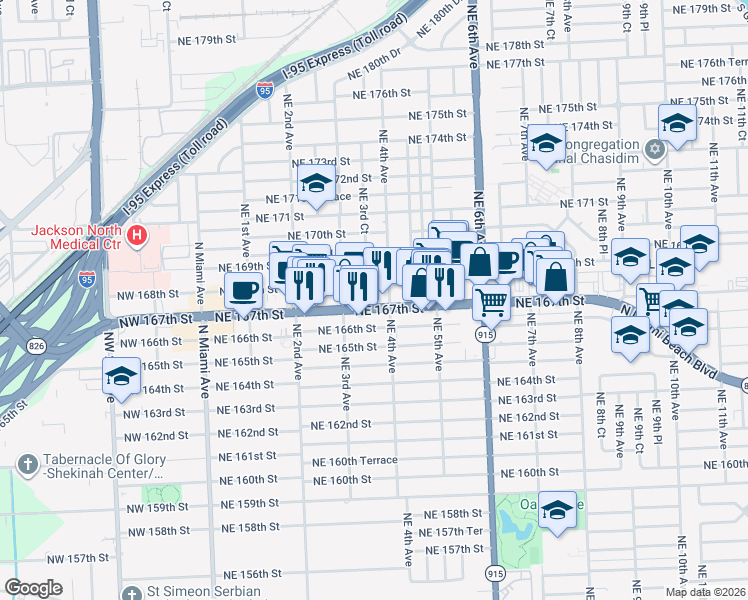 map of restaurants, bars, coffee shops, grocery stores, and more near in North Miami Beach